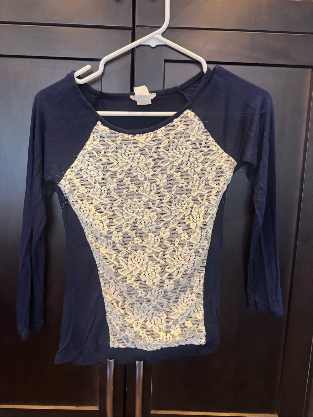 btween Navy Long Sleeve Top with Cream Lace Front